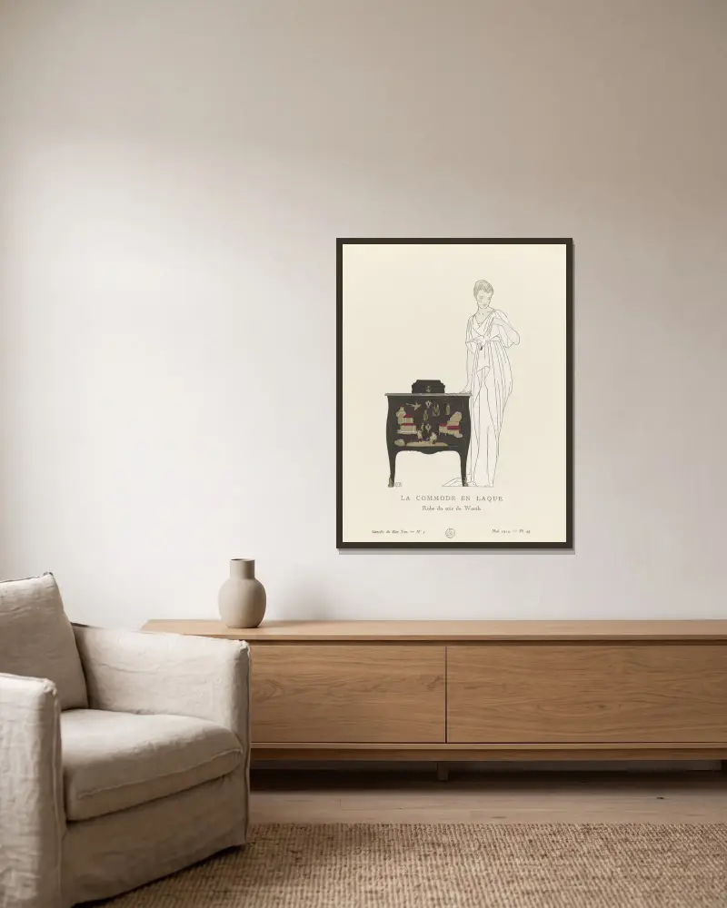 Der Lackschrank. Abendkleid von Worth, 1914 – Nr. 1 von Bernard Boutet de Monvel gerahmt an einer Wand