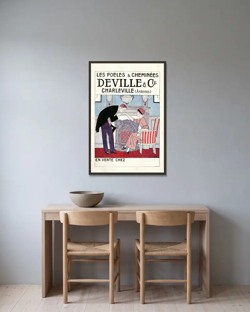Les poêles & cheminées Deville & Cie av Bernard Boutet de Monvel inramad på en vägg