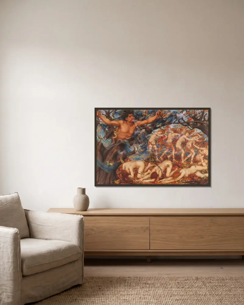 Boreas und die gefallenen Blätter von Evelyn De Morgan gerahmt an einer Wand