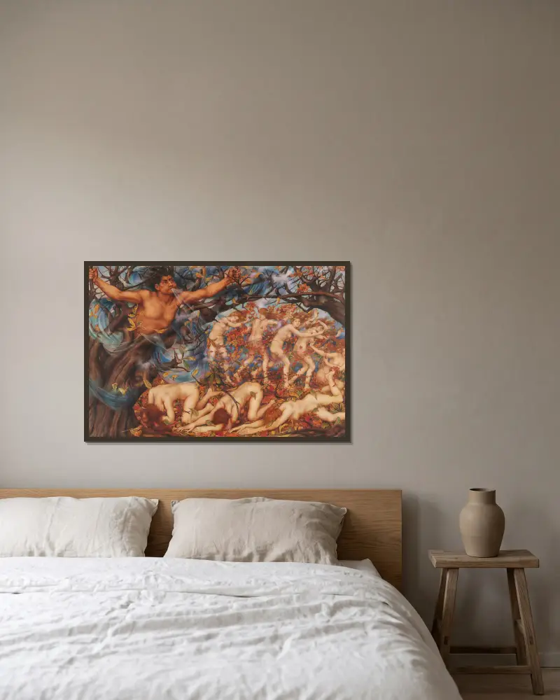 Boreas und die gefallenen Blätter von Evelyn De Morgan gerahmt an einer Wand