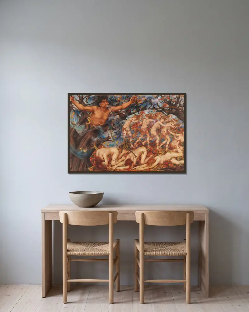 Boreas und die gefallenen Blätter von Evelyn De Morgan gerahmt an einer Wand