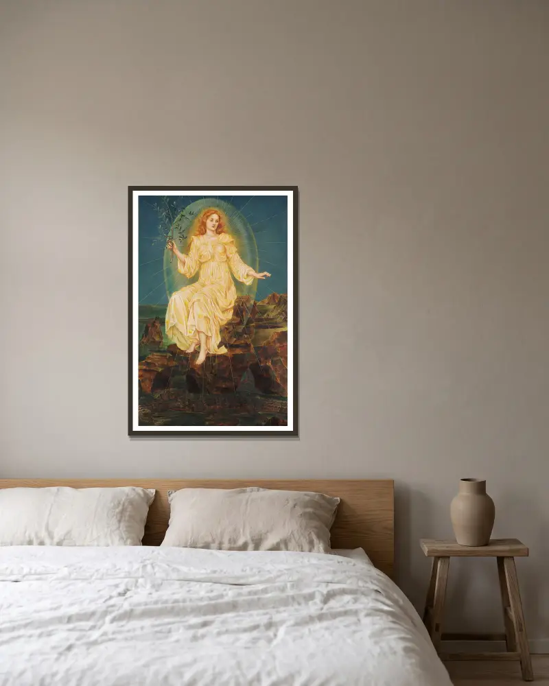 Lux in Tenebris av Evelyn De Morgan inramad på en vägg
