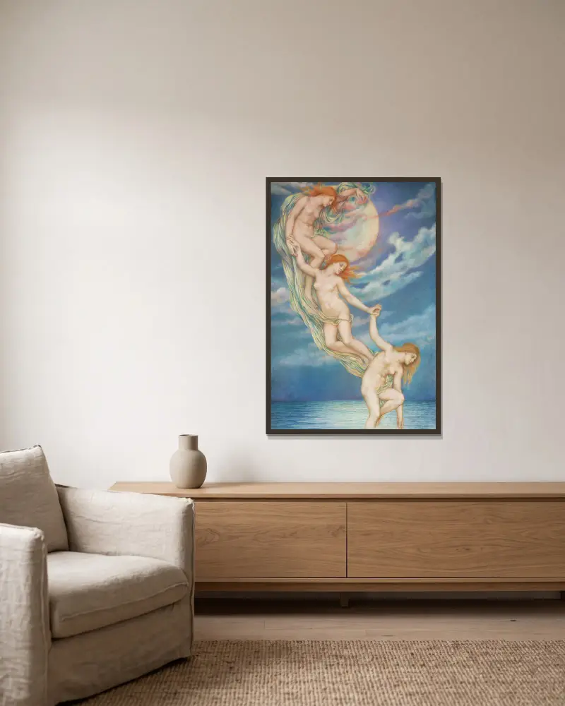Mondstrahlen, die ins Meer tauchen von Evelyn De Morgan gerahmt an einer Wand