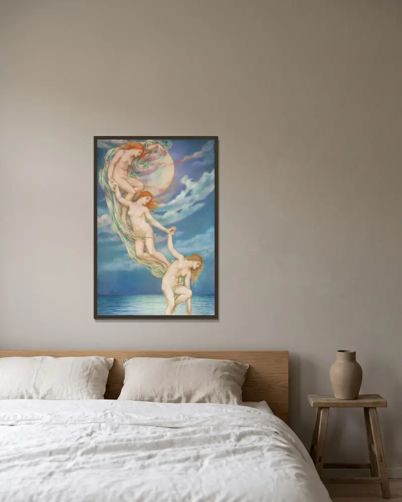 Mondstrahlen, die ins Meer tauchen von Evelyn De Morgan gerahmt an einer Wand