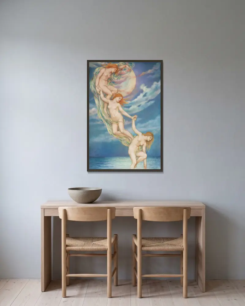 Mondstrahlen, die ins Meer tauchen von Evelyn De Morgan gerahmt an einer Wand