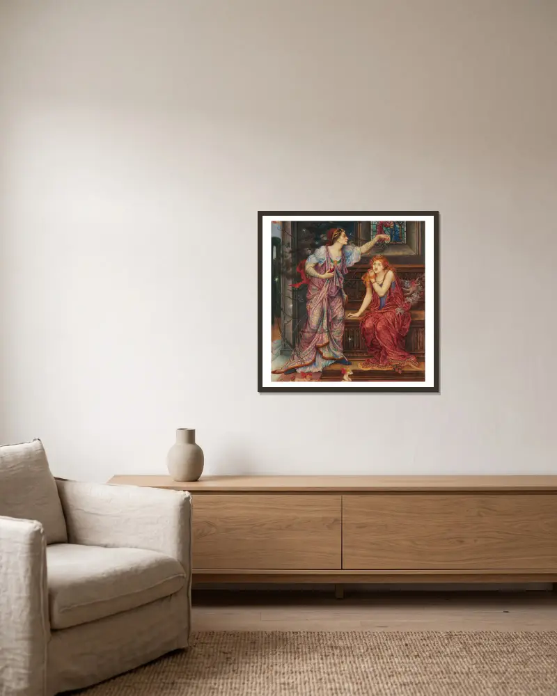 Königin Eleanor und die schöne Rosamund von Evelyn De Morgan gerahmt an einer Wand