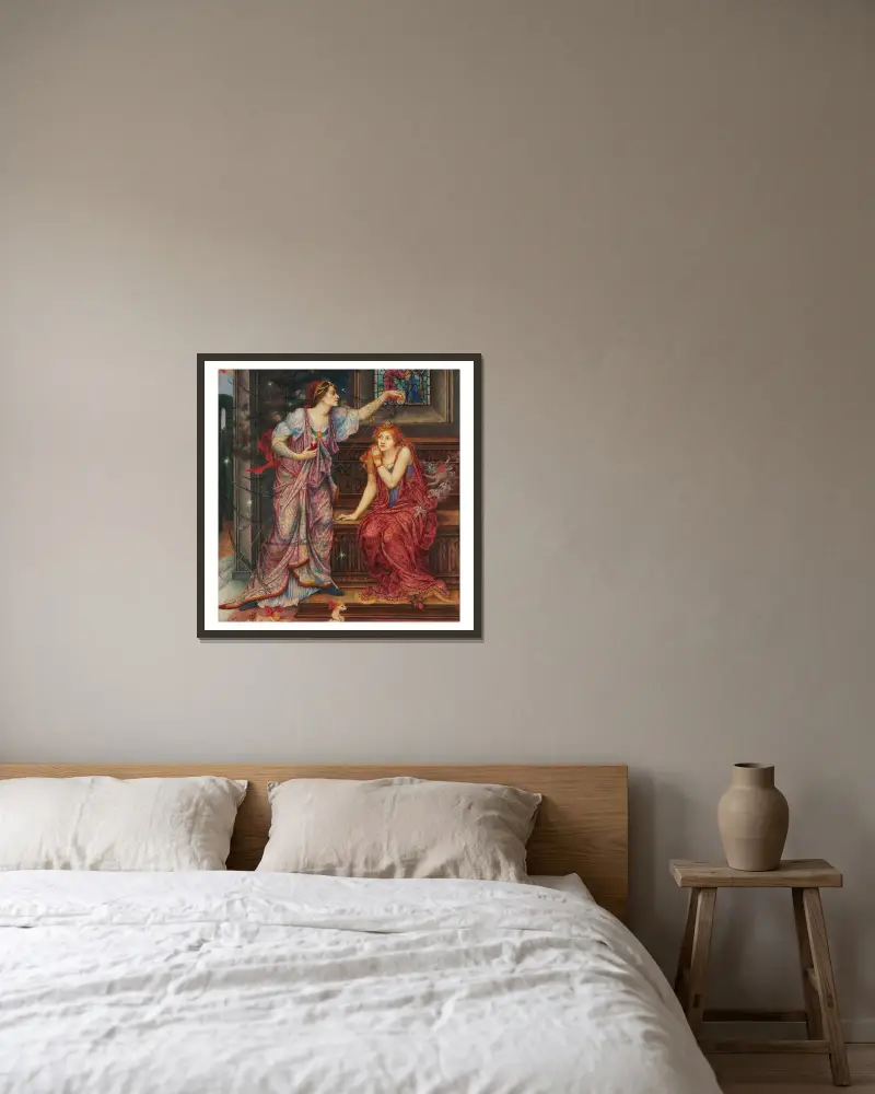 Königin Eleanor und die schöne Rosamund von Evelyn De Morgan gerahmt an einer Wand
