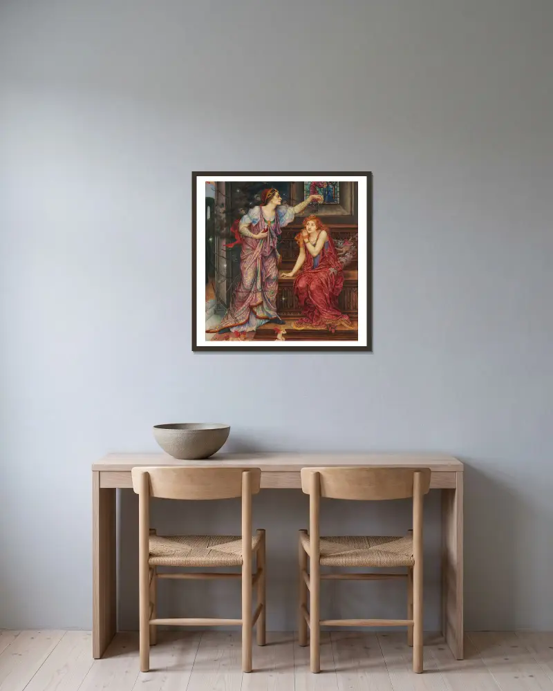 Königin Eleanor und die schöne Rosamund von Evelyn De Morgan gerahmt an einer Wand