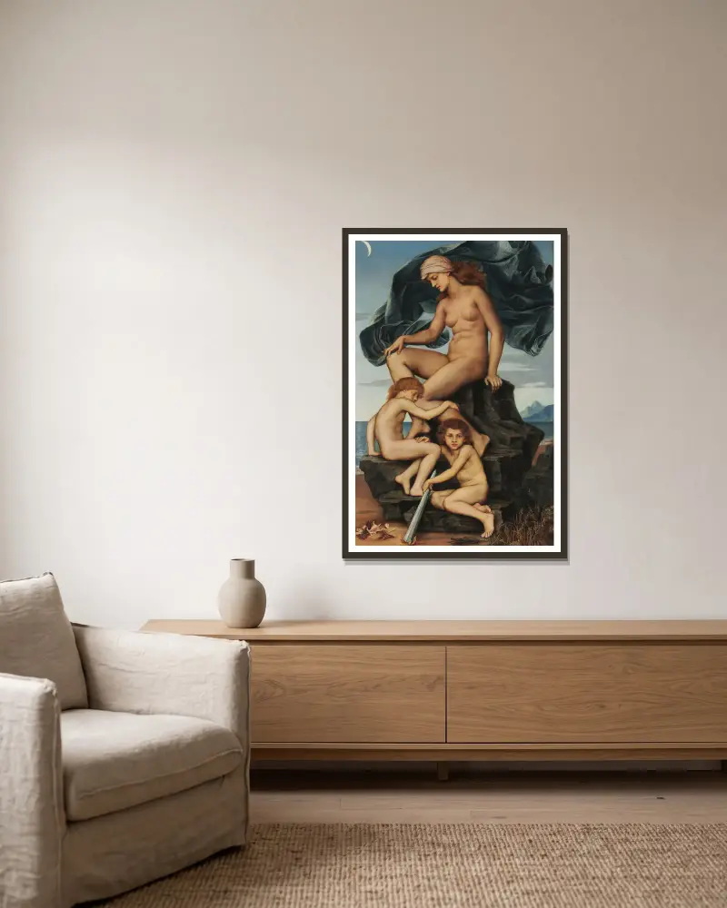 Sömnen och döden, nattens barn av Evelyn De Morgan inramad på en vägg