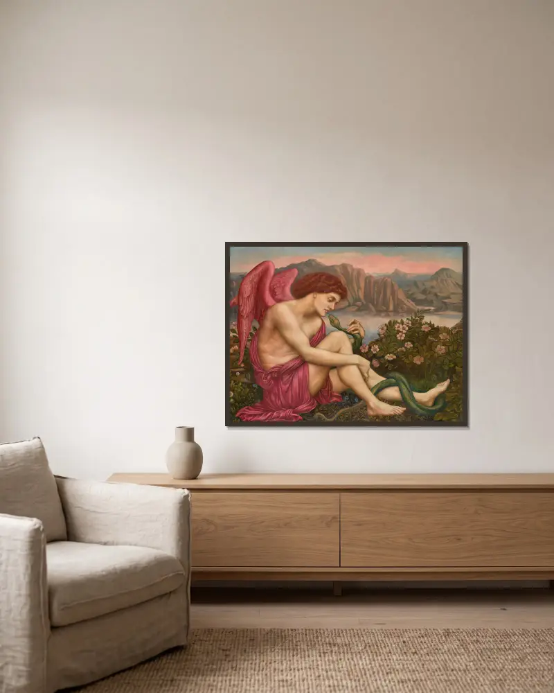 The Angel With The Serpent av Evelyn De Morgan inramad på en vägg