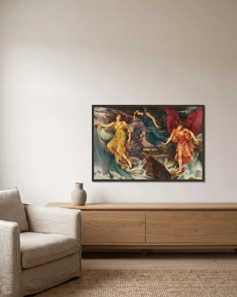 The Storm Spirits av Evelyn De Morgan inramad på en vägg