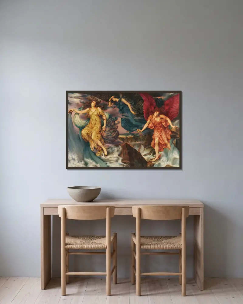 The Storm Spirits av Evelyn De Morgan inramad på en vägg