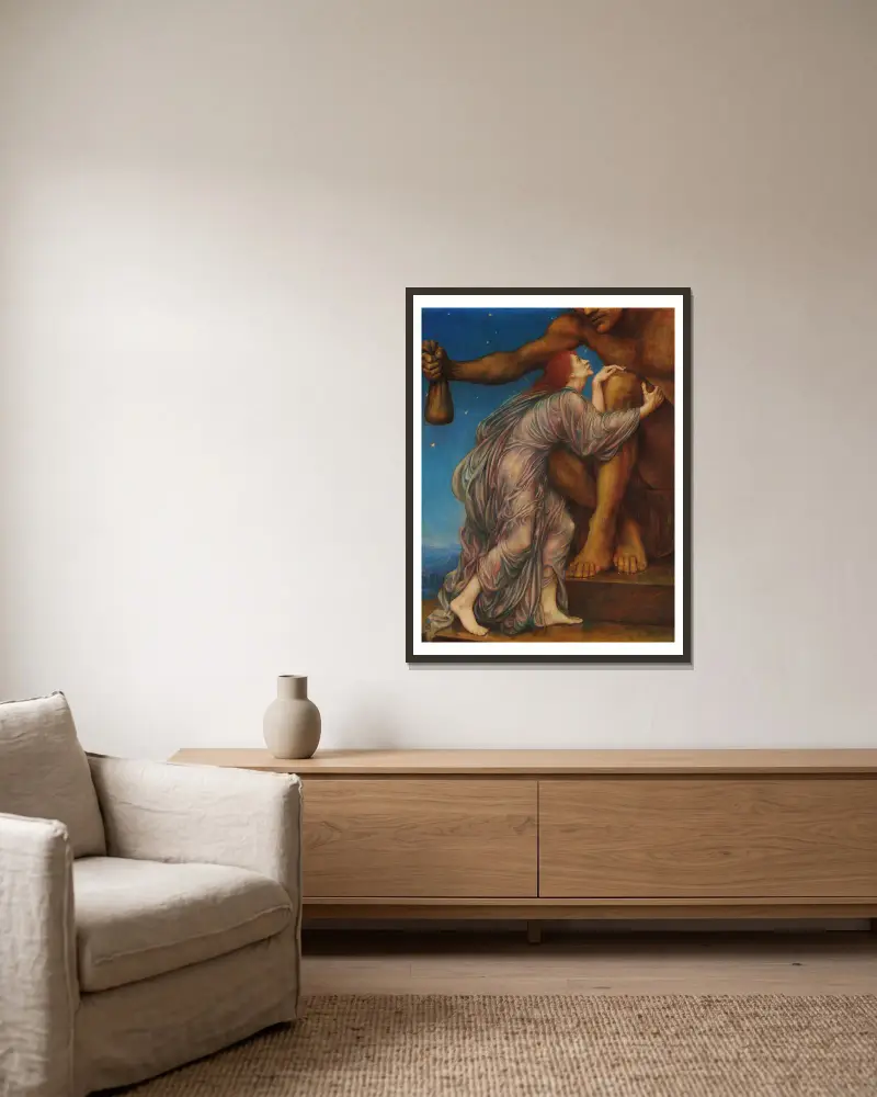 Die Anbetung des Mammon von Evelyn De Morgan gerahmt an einer Wand