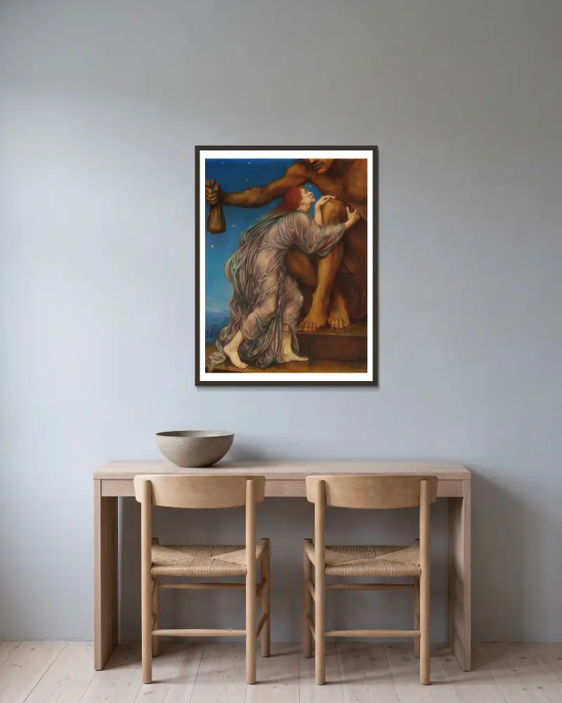 Die Anbetung des Mammon von Evelyn De Morgan gerahmt an einer Wand