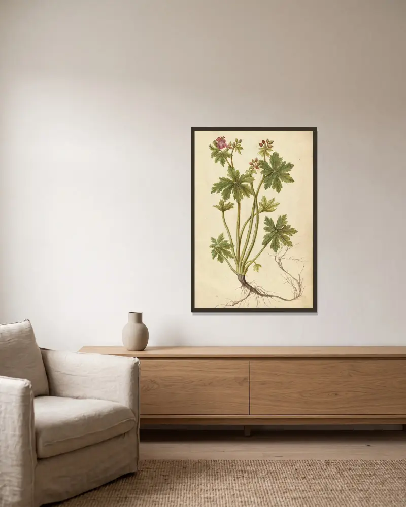 Geranium sylvaticum. Wood cranesbill, Jacques Le Moyne de Morgues v rámu na stěně