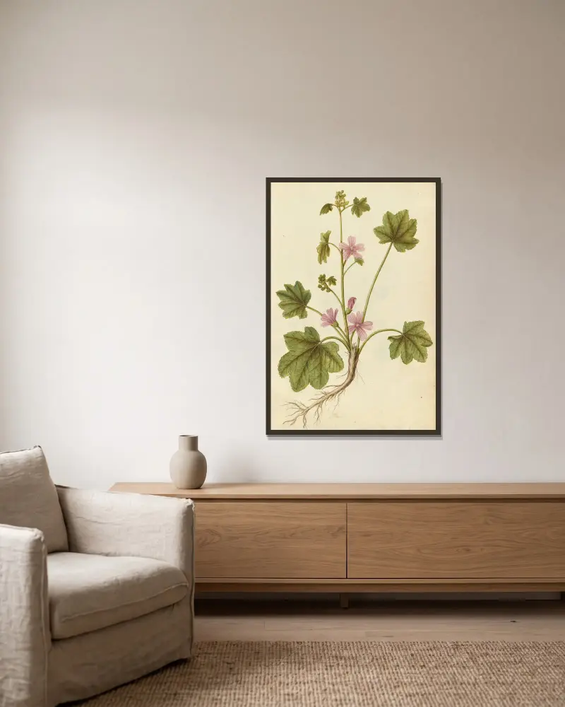 Malva sylvestris. Ślaz dziki, Jacques Le Moyne de Morgues w ramie na ścianie