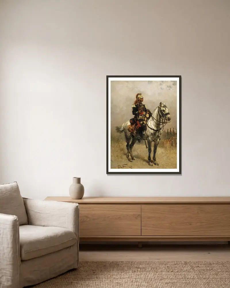 A Cavalryman av Alphonse Marie de Neuville inramad på en vägg