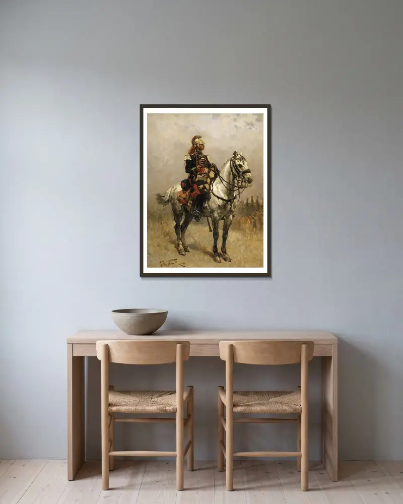 A Cavalryman av Alphonse Marie de Neuville inramad på en vägg