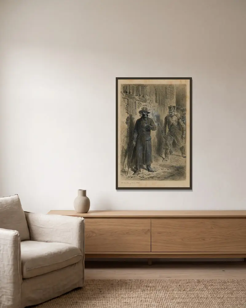 Javert auf den Spuren von Jean Valjean – Wie Javert leer ausging von Alphonse Marie de Neuville gerahmt an einer Wand