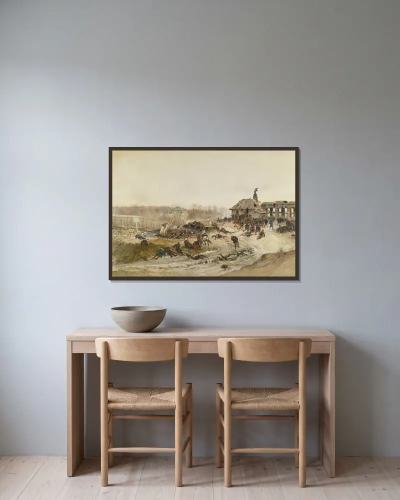 Kalkugnen; en studie till panoramat över slaget vid Champigny av Alphonse Marie de Neuville inramad på en vägg