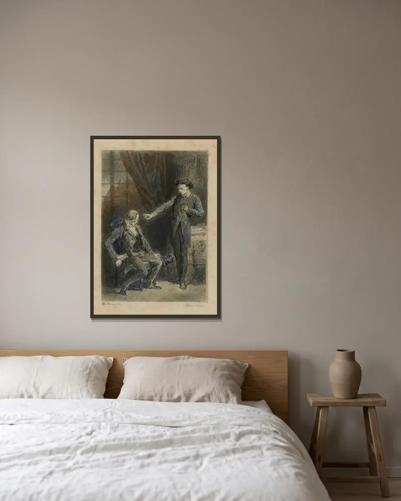 Marius förväxlar Thénardier med bläckflaskan som bara bleker av Alphonse Marie de Neuville inramad på en vägg