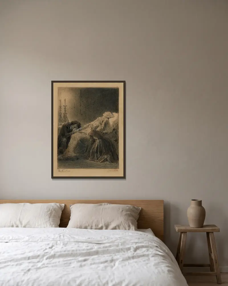 Jean Valjeans död. Natt bakom vilken dagen ligger av Alphonse Marie de Neuville inramad på en vägg