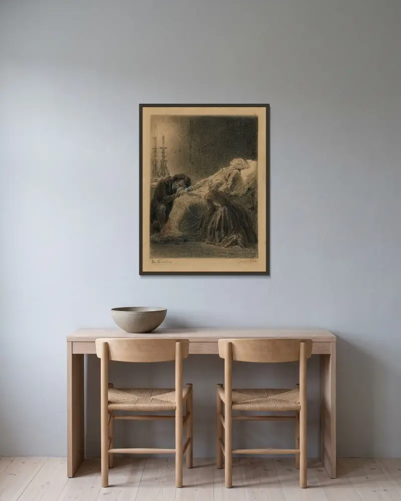 Jean Valjeans död. Natt bakom vilken dagen ligger av Alphonse Marie de Neuville inramad på en vägg