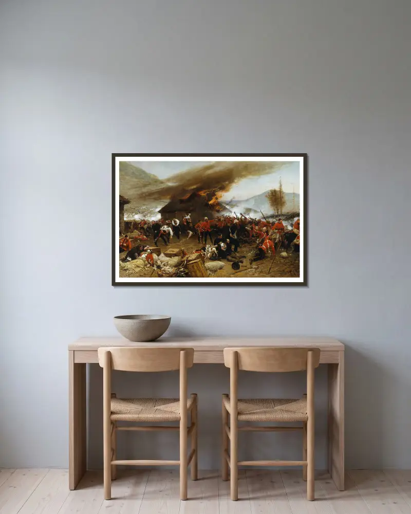 Die Verteidigung von Rorke's Drift 1879 von Alphonse Marie de Neuville gerahmt an einer Wand