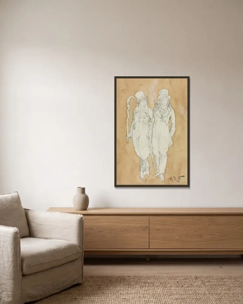 Zwei modische junge Männer (stehend) von Alphonse Marie de Neuville gerahmt an einer Wand