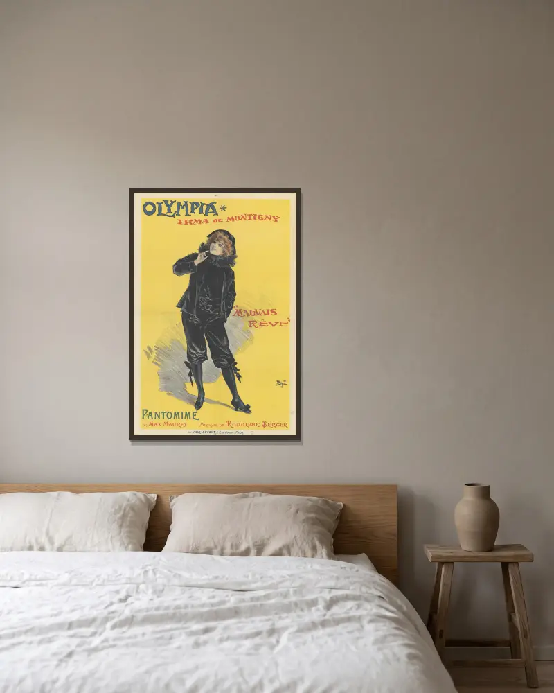 Olympia. Irma de Montigny. Mauvais rêve, pantomime av Pal (Jean de Paleologue) inramad på en vägg