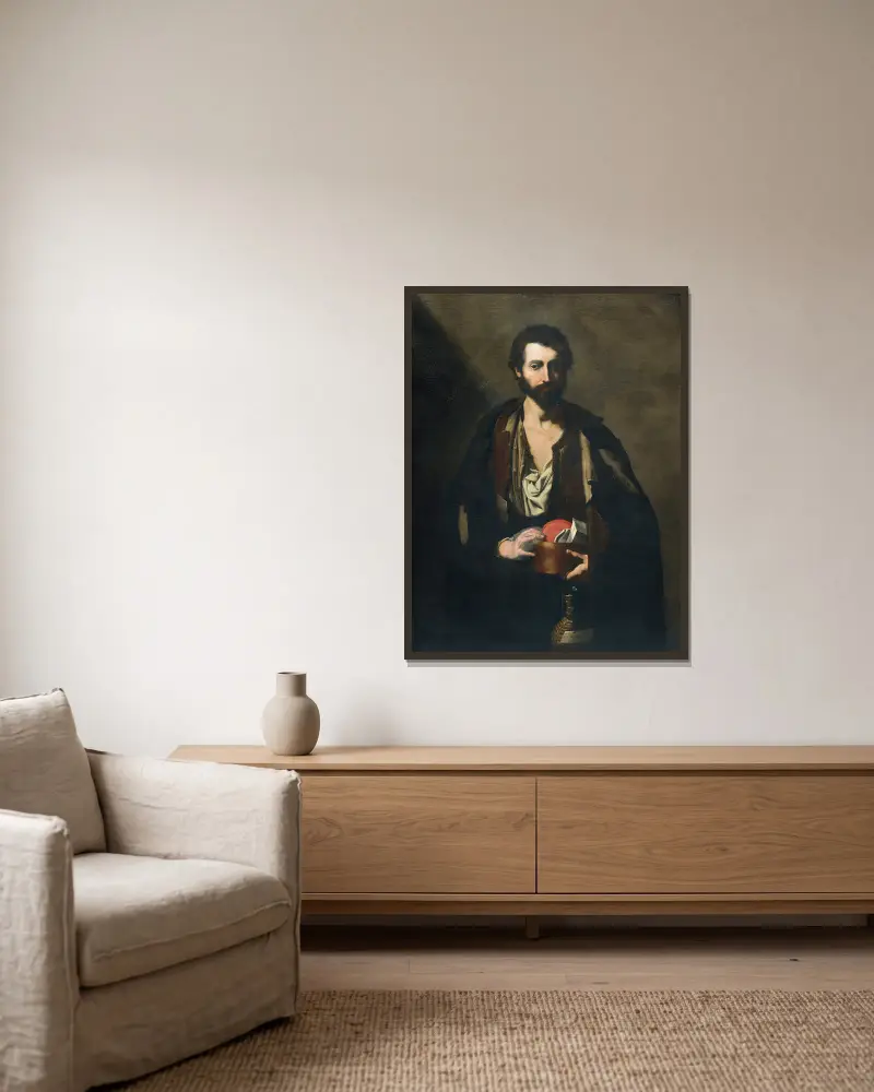 Philosoph mit Weinflasche von Jusepe de Ribera gerahmt an einer Wand