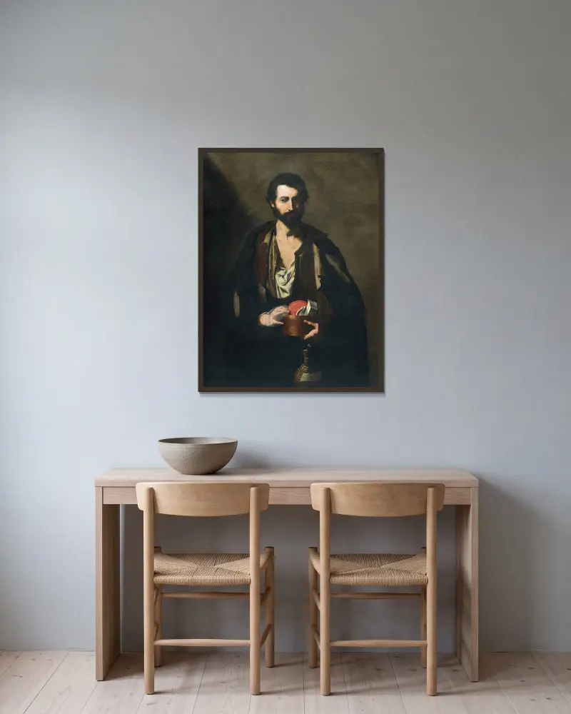 Philosoph mit Weinflasche von Jusepe de Ribera gerahmt an einer Wand