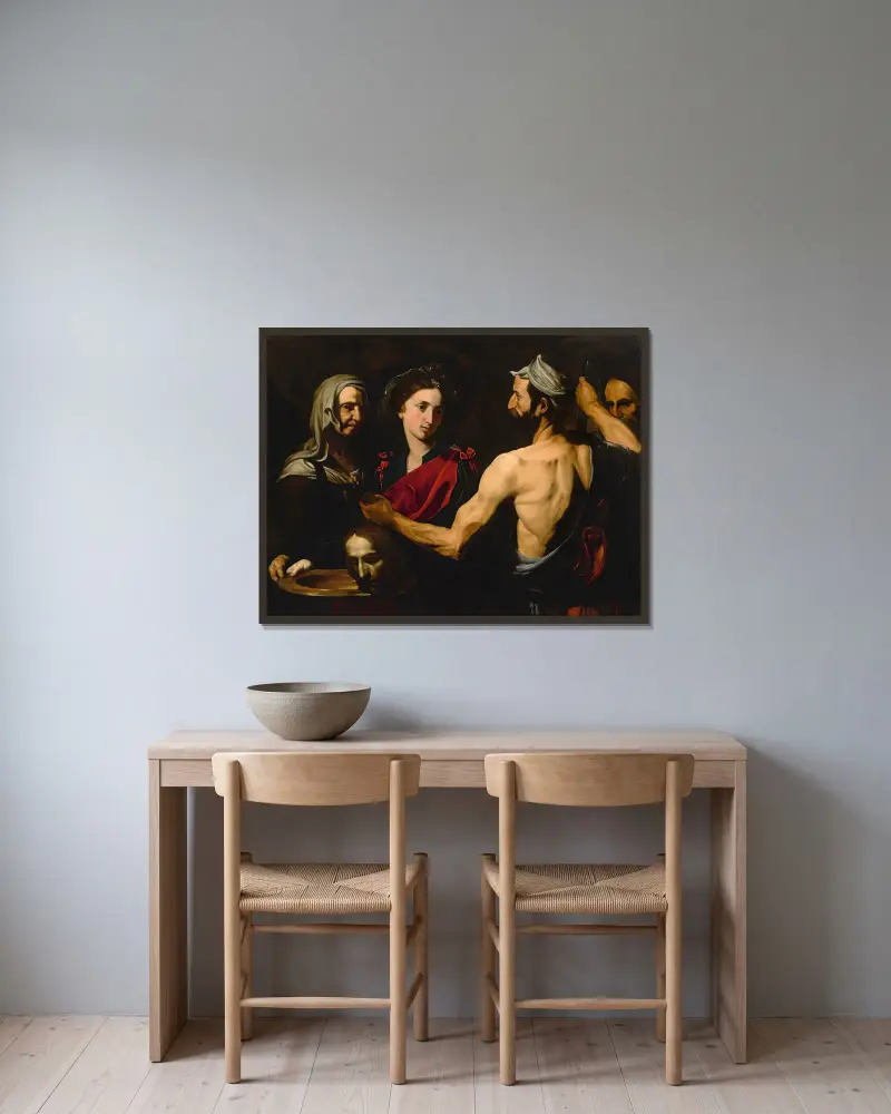 Salome med Johannes Döparens huvud av Jusepe de Ribera inramad på en vägg