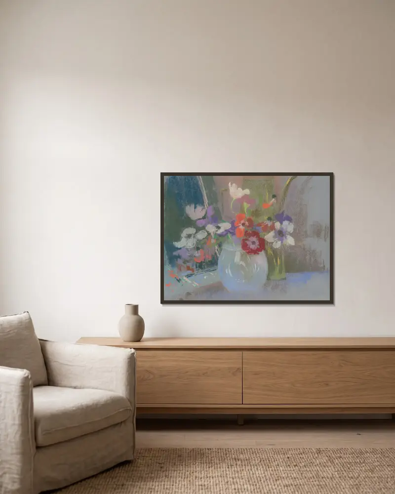 Blumenstillleben – Nr. 2 von Rodolphe De Saegher gerahmt an einer Wand