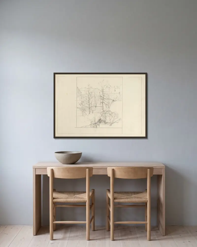 Townscape av Rodolphe De Saegher inramad på en vägg