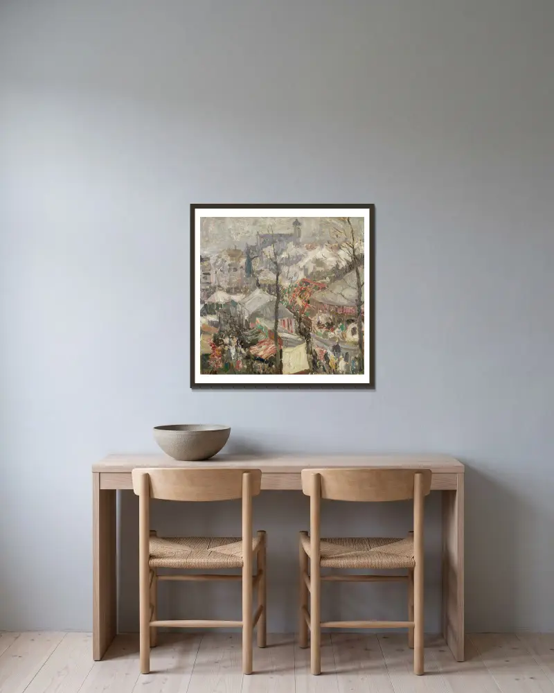 Marknad på Vrijdagmarkt i Gent av Gustave De Smet inramad på en vägg