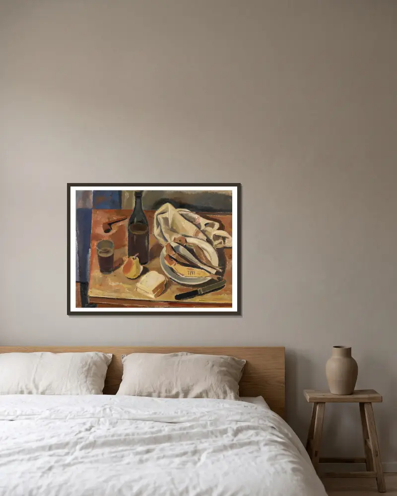 Stillleben mit Hering von Gustave De Smet gerahmt an einer Wand