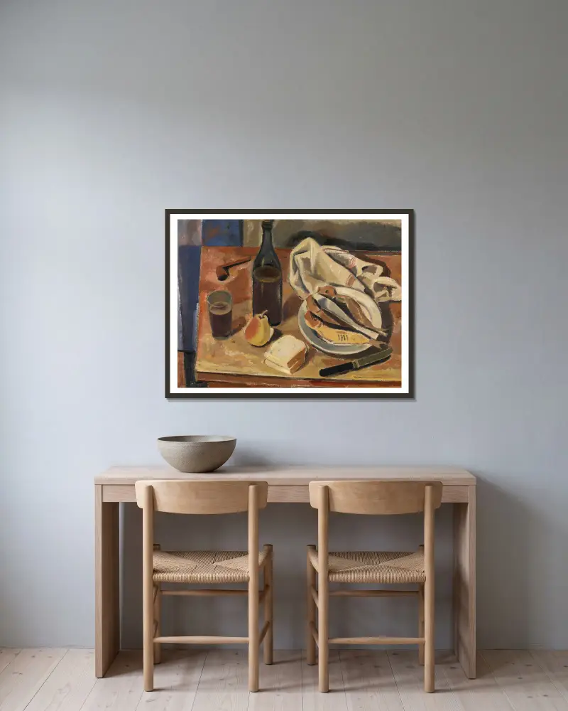 Stillleben mit Hering von Gustave De Smet gerahmt an einer Wand