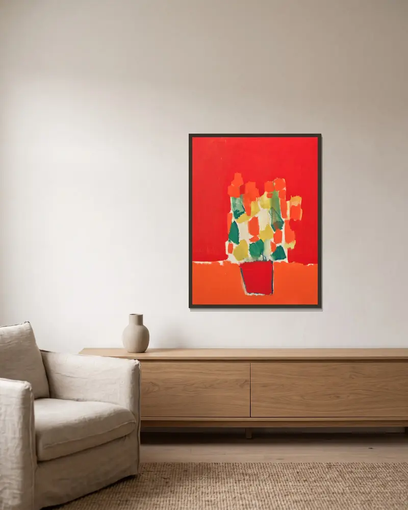 Rote Blumen von Nicolas De Staël gerahmt an einer Wand
