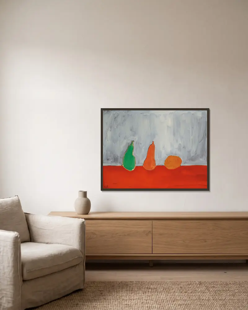 Früchte (Stillleben, Birnen, grauer Hintergrund) von Nicolas De Staël gerahmt an einer Wand