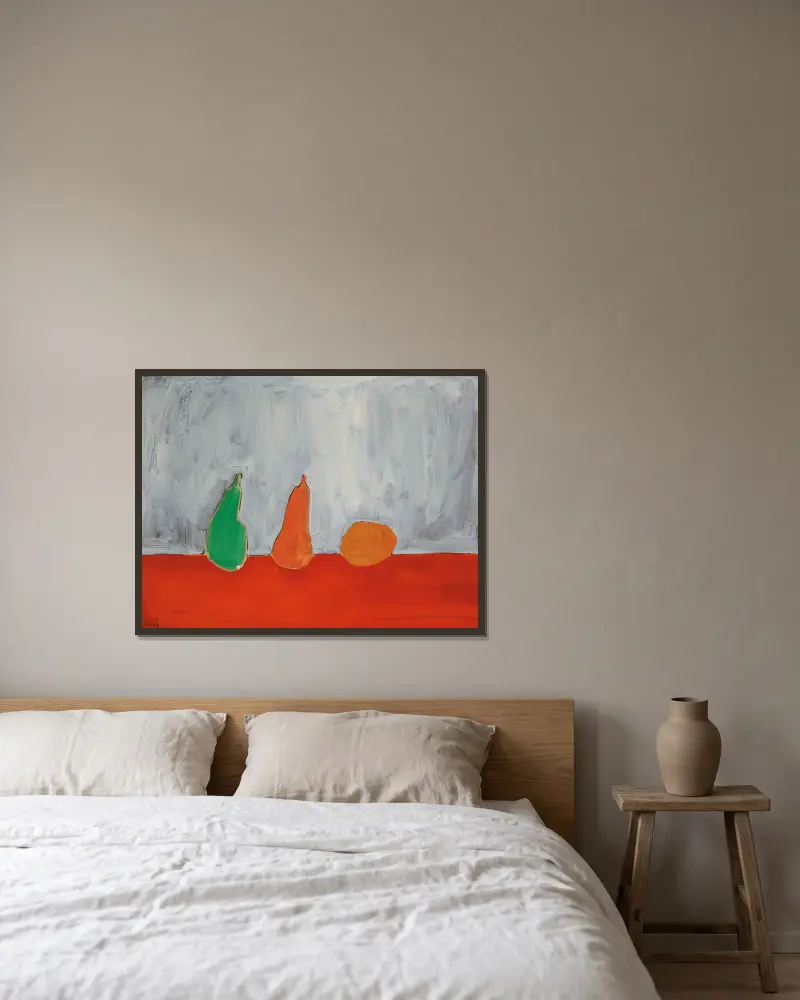 Früchte (Stillleben, Birnen, grauer Hintergrund) von Nicolas De Staël gerahmt an einer Wand