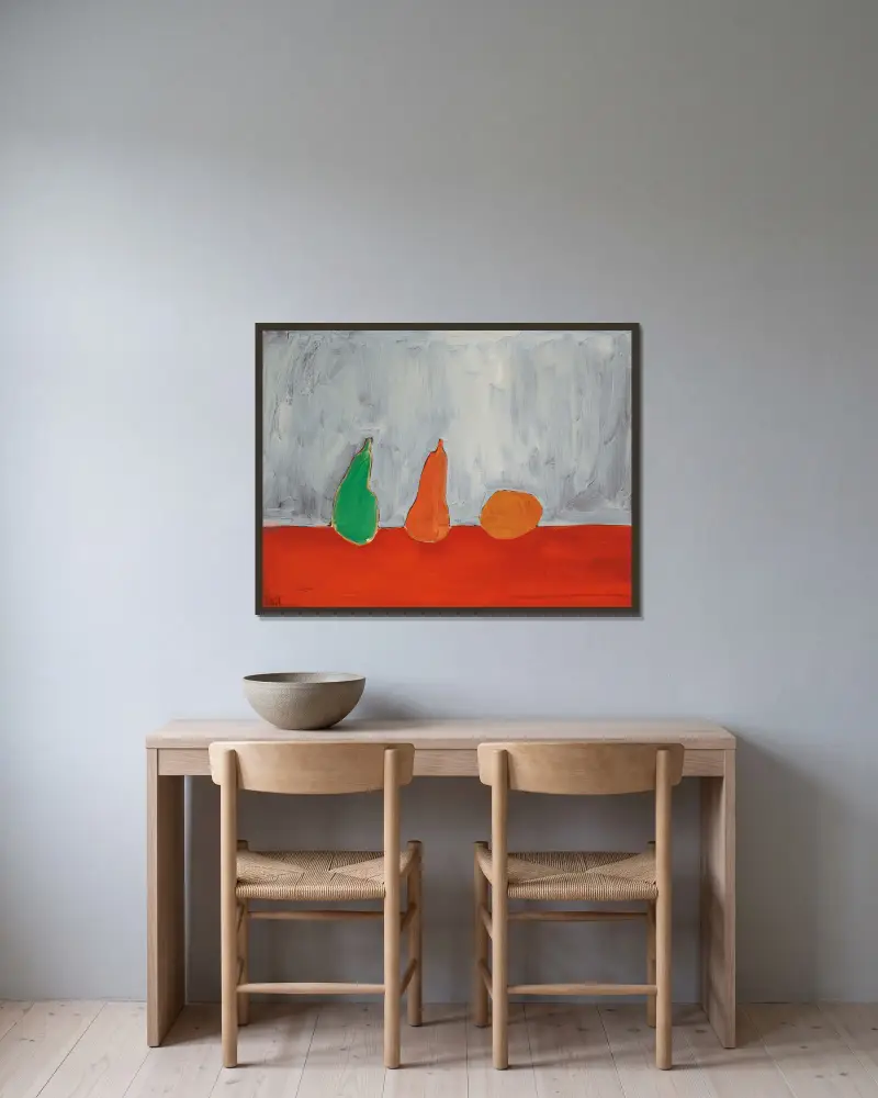 Früchte (Stillleben, Birnen, grauer Hintergrund) von Nicolas De Staël gerahmt an einer Wand
