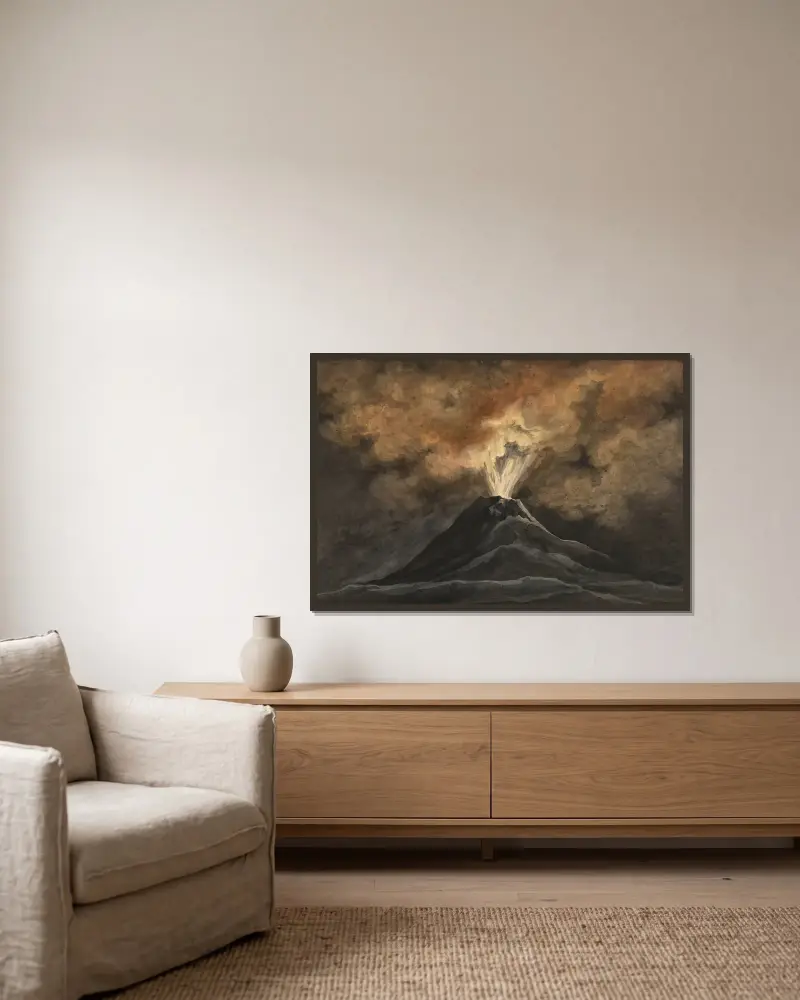 Ein Vulkanausbruch bei Nacht von David Humbert de Superville gerahmt an einer Wand