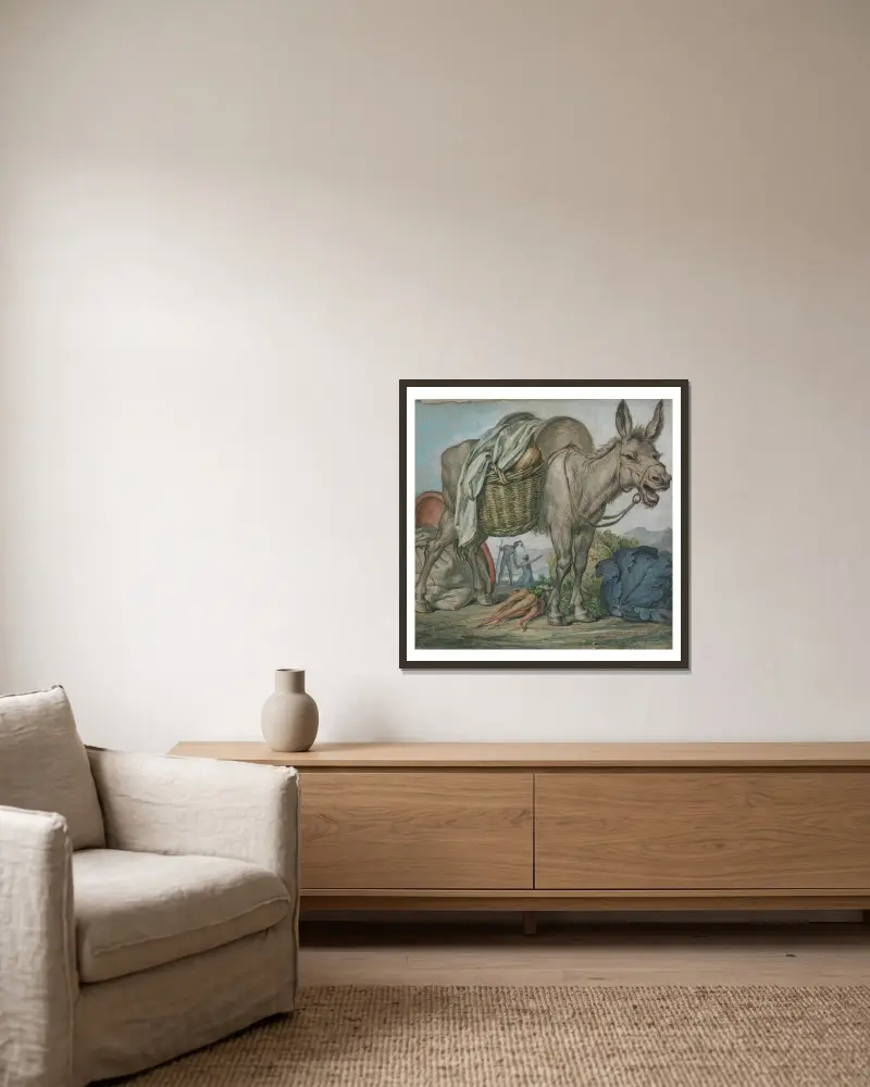Schreiender Esel mit Gemüse, dahinter David und Abigail von David Humbert de Superville gerahmt an einer Wand