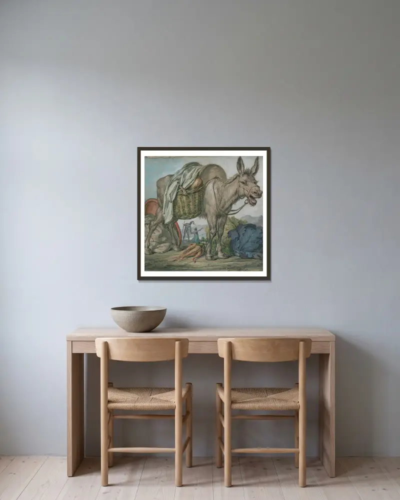 Schreiender Esel mit Gemüse, dahinter David und Abigail von David Humbert de Superville gerahmt an einer Wand