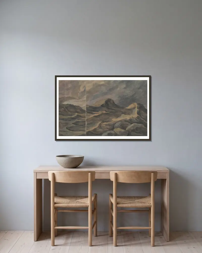 Fantastische Berglandschaft; im Vordergrund „Der Turmbau zu Babel“ von David Humbert de Superville gerahmt an einer Wand