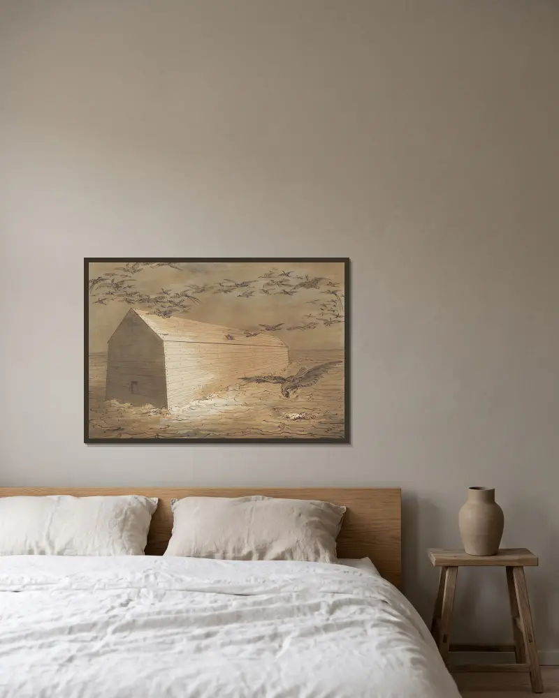Vogelschwärme um die Arche Noah von David Humbert de Superville gerahmt an einer Wand