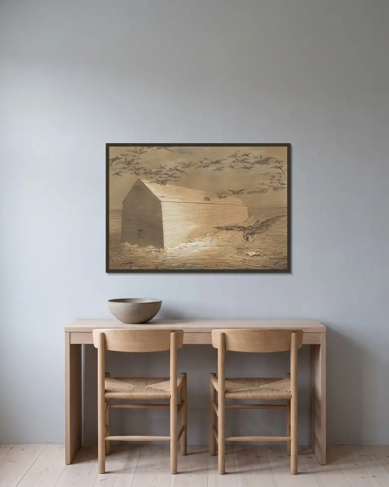 Vogelschwärme um die Arche Noah von David Humbert de Superville gerahmt an einer Wand