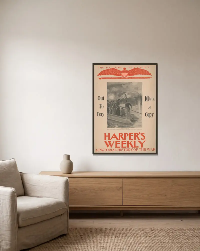 Harper's Weekly, eine Bildchronik des Krieges von Thure de Thulstrup gerahmt an einer Wand