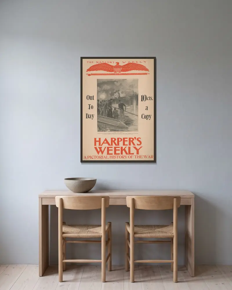 Harper's Weekly, eine Bildchronik des Krieges von Thure de Thulstrup gerahmt an einer Wand
